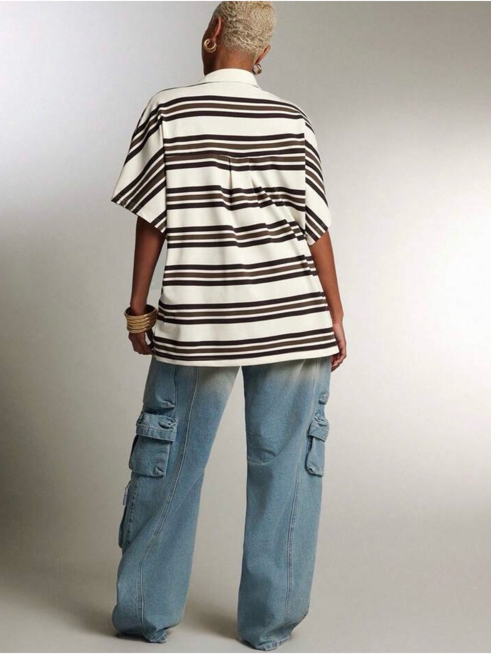Striped V-Neck Polo Top in Cream, Brown and Black - Picture 4 of 4